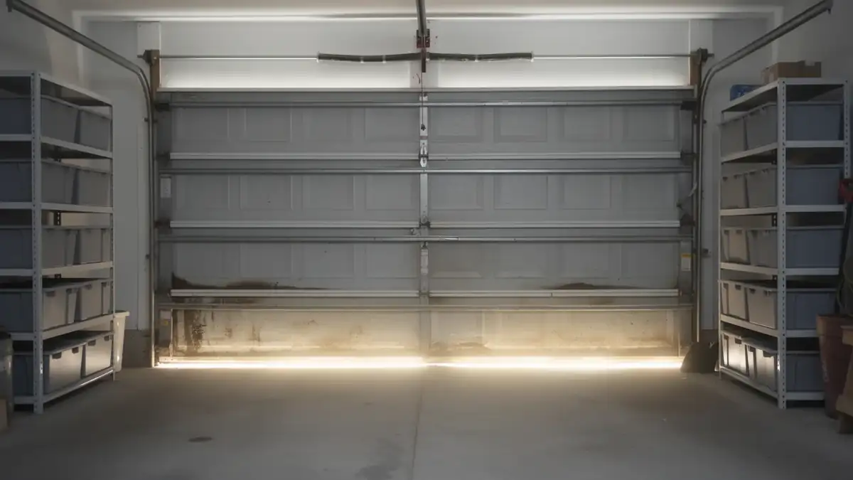A gray garage door is partially open with light shining underneath.