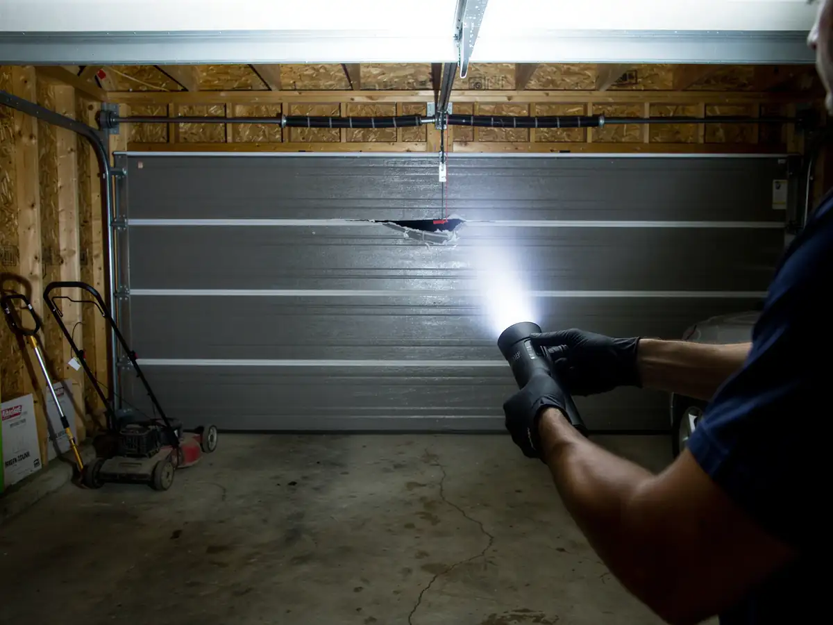 A technician shines a flashlight on a damaged gray garage door.