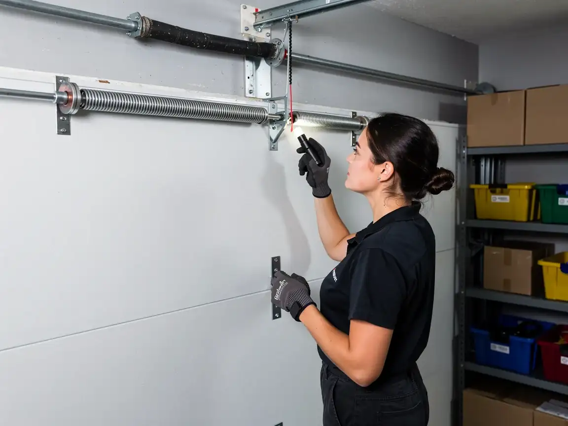 A technician shines a flashlight on a garage door spring.